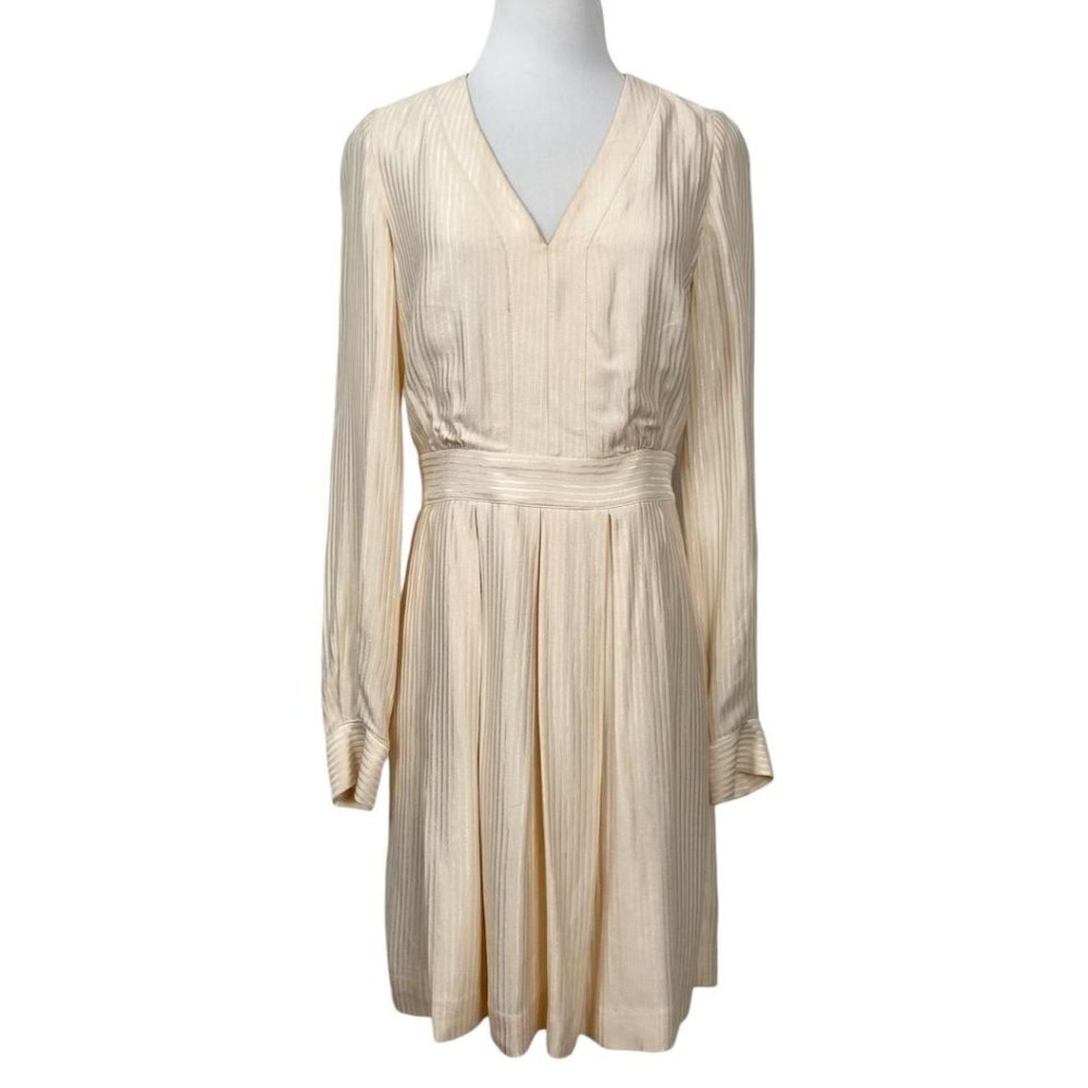 BERENICE PARIS SHIMMER CREAM V-NECK LONG SLEEVE A-LINE MINI DRESS - 6